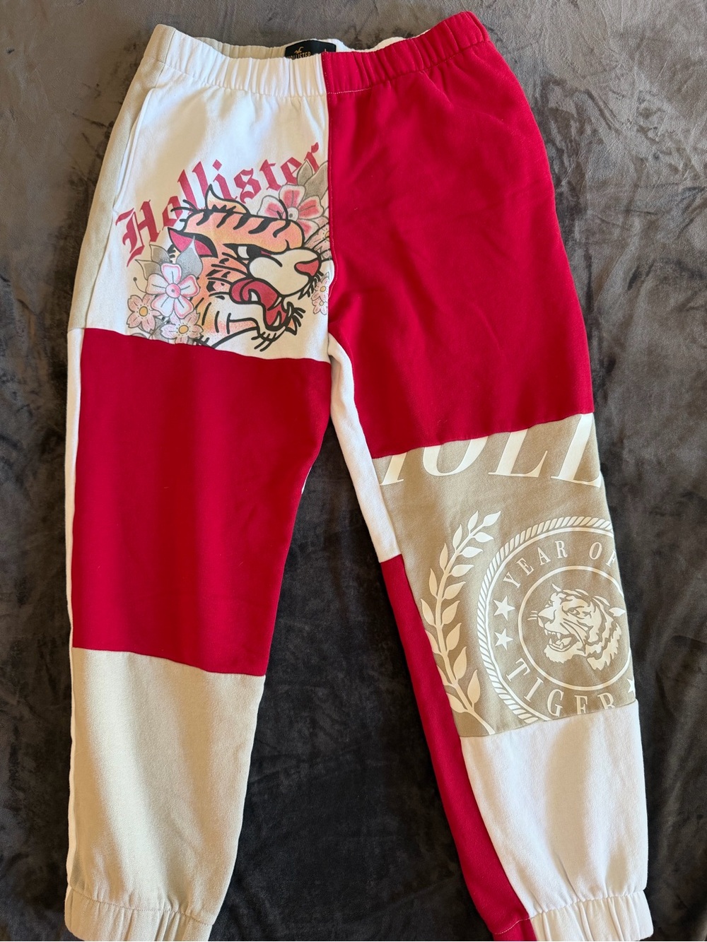 Y2K Hollister Red & Cream Patchwork Tiger Graphic Joggers